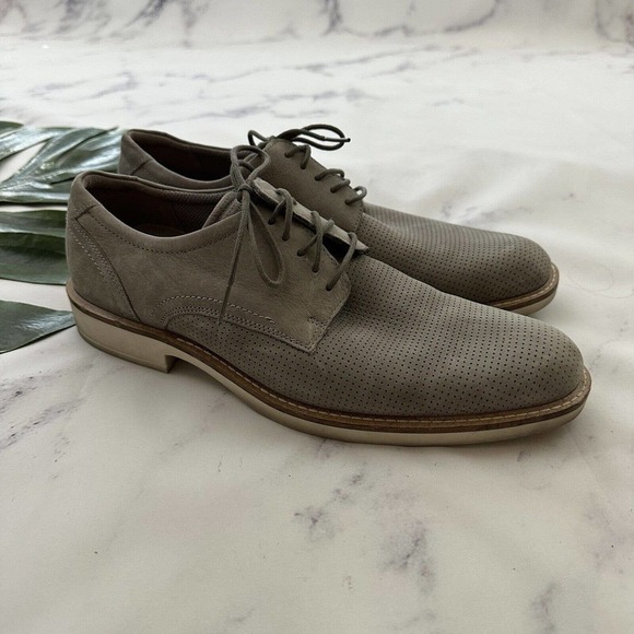 Ecco Mens Oxford Derby Shoes Size EU 42 US 8 Light Gray Suede Leather Lace Up